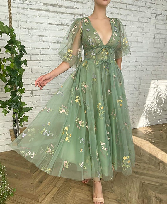 Dusty Green Embroidery Flowers Tulle Prom Dress Deep V-neck - Etsy