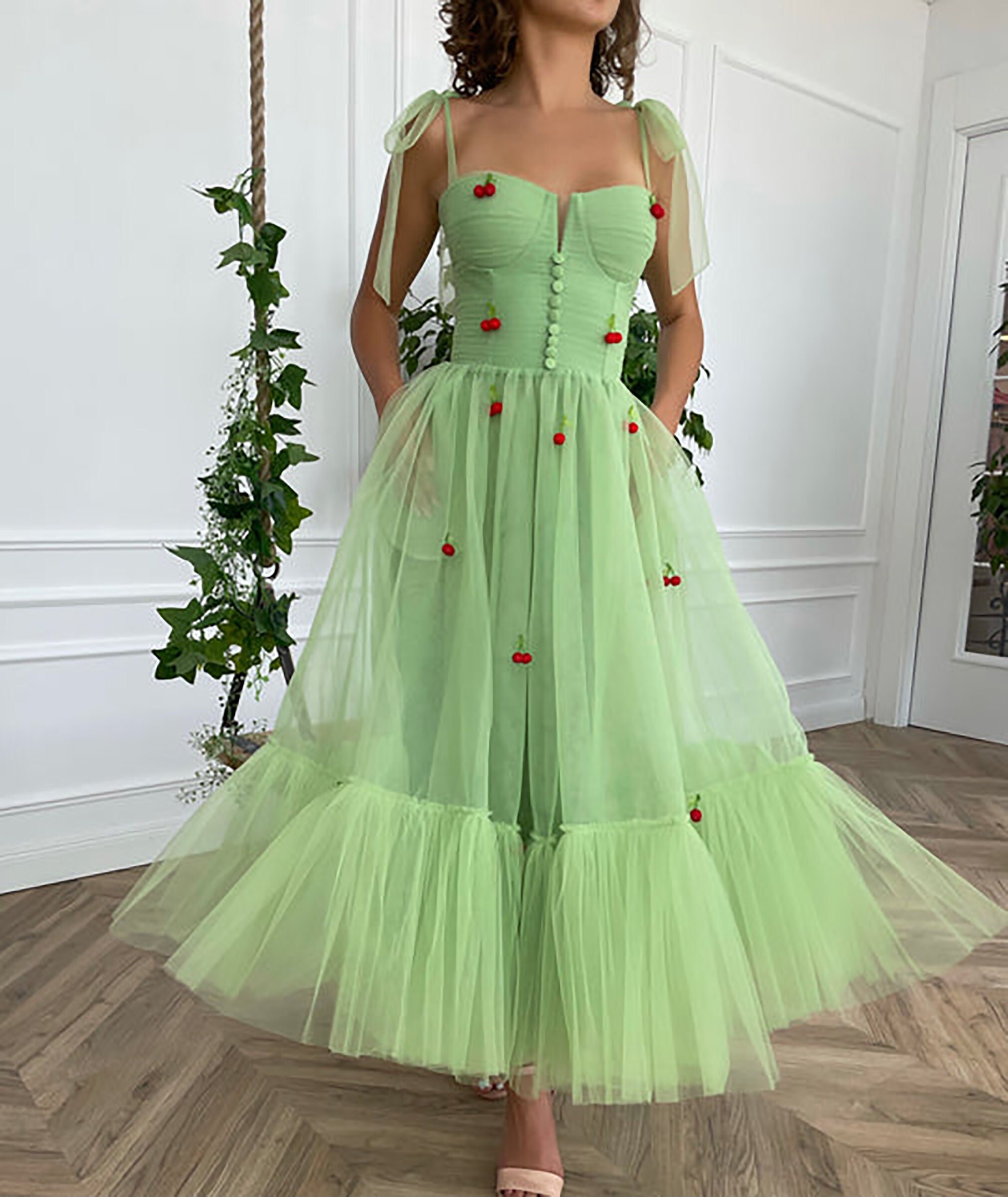 Mint Cherry Prom Dress Fairy Tea Length Bow Straps Prom Dress Etsy UK