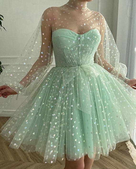 Mint Green Mini Prom Dress Long Long Sleeves Printed Hearts - Etsy