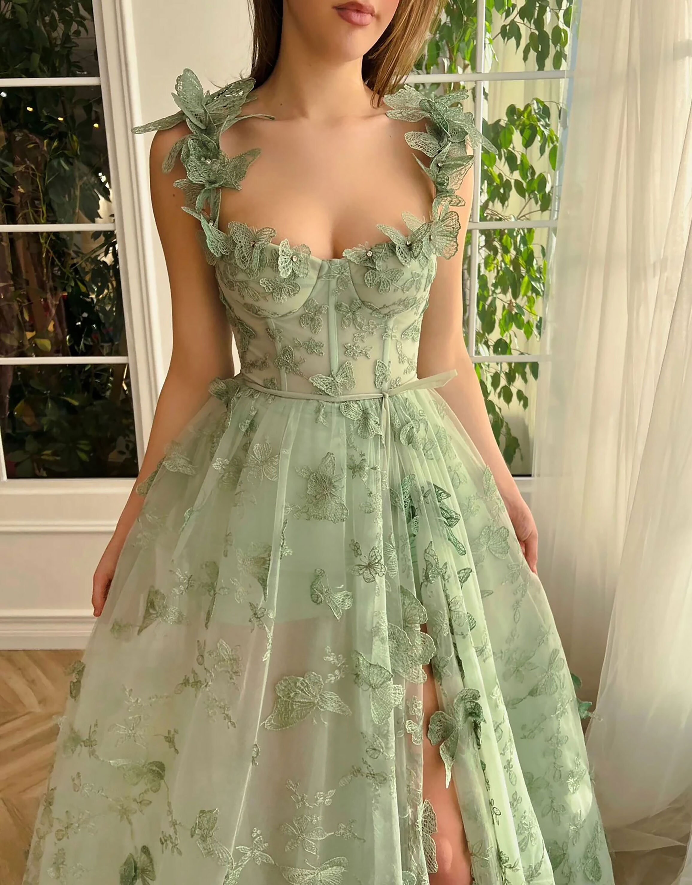 Elegant Lace Wedding Dresslight Green Butterfly Gown Etsy UK