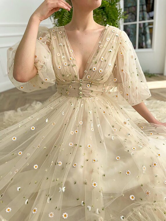 Beige V-neck V-back Short Prom Dress Fairy Short Sleeves - Etsy