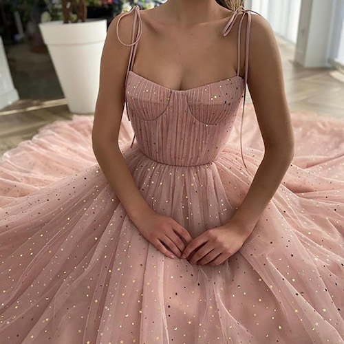 Dusty Pink Tulle Prom Dressspaghetti Straps With Ties Bow - Etsy