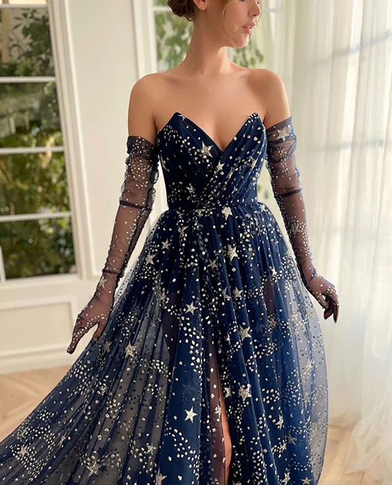 Dark Blue Shimmering Stars Tulle Prom Dress Sweetheart Long - Etsy Norway