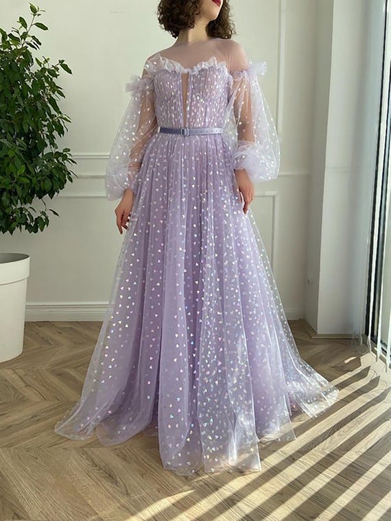Lavender Long Sleeves Fairy Prom 