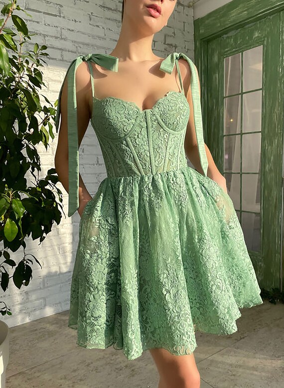 Green Lace Short Mini Prom Dress Sweetheart Bow Tied Straps - Etsy Singapore