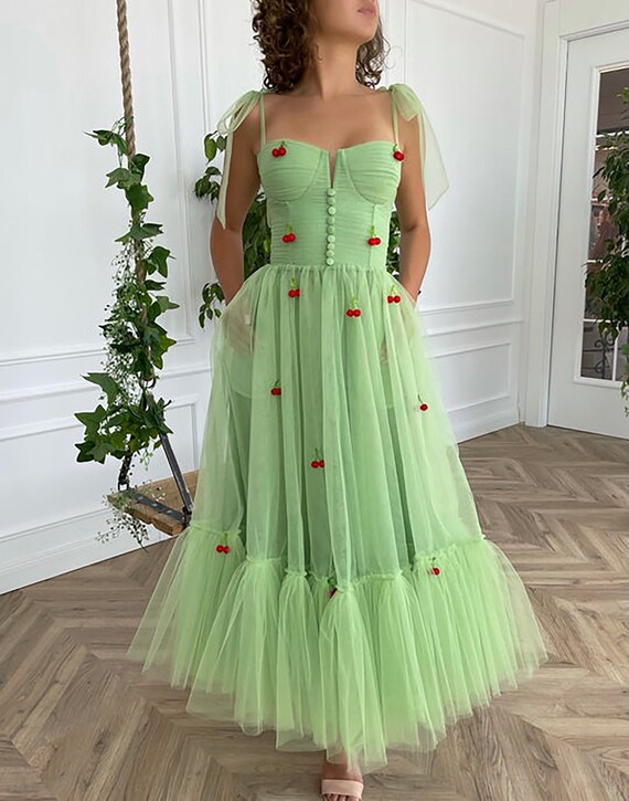 Mint Cherry Prom Dress Fairy Tea Length Bow Straps Prom Dress Etsy Uk