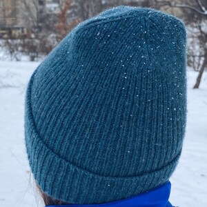 hand-knitted hats in sea blue color from 100% merino lambswool