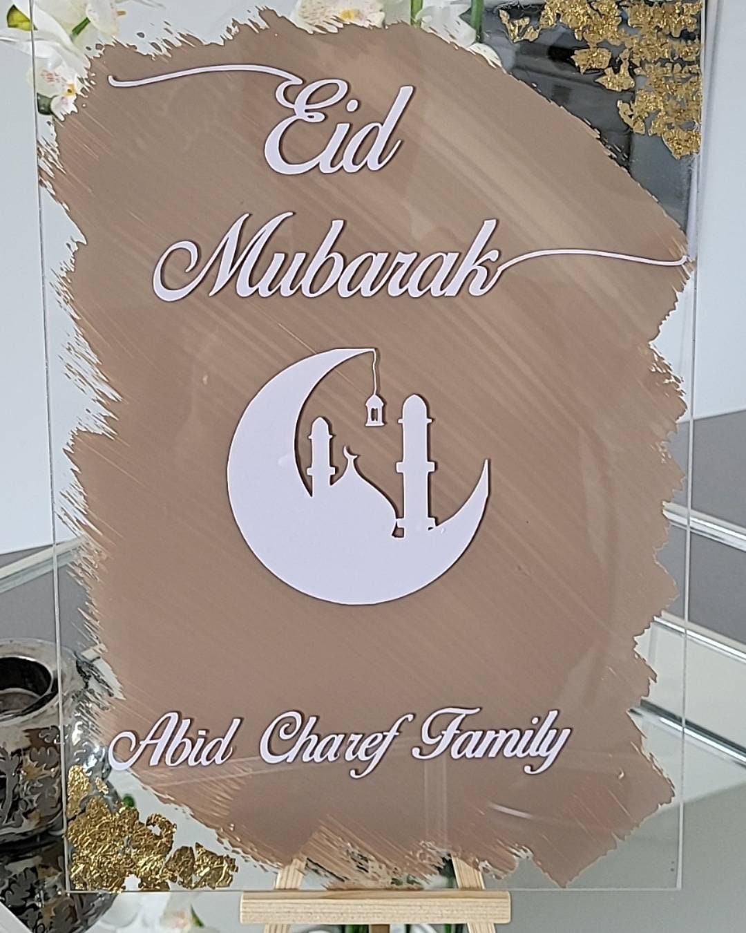 Tableau Eid Mubarak en Plexiglas avec Chevalet et Feuilles d'or