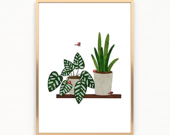 Marienkäfer und Pflanzen Kunst zum ausdrucken, Zimmerpflanze Poster, Marienkäfer Wandkunst, digitaler Download