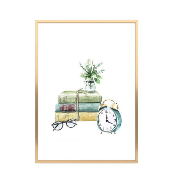 Watercolor Book Stack Printable Wall Art, Bookish Art Print, Office Wall Decor, Desk Top Wall Art, Instant Download