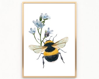 Aquarell Biene und Blumen druckbare Wandkunst, Hummel Blumen Kunstdruck, Frühlings-Wand-Dekor, Instant Download