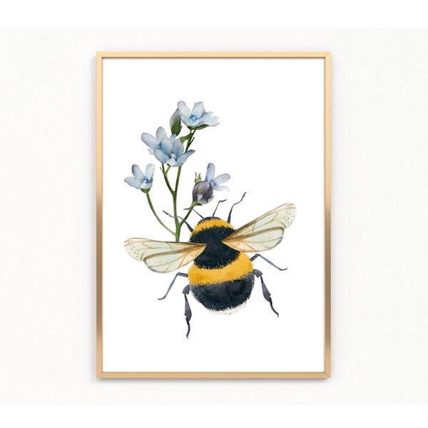 Watercolor Bee and Flowers Printable Wall Art, Bumble Bee Floral Art Print, Spring Wall Decor, Instant Download