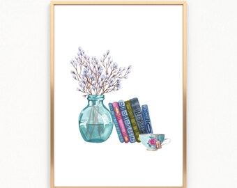 Lavendelfarbene Pflanzenbücher und Teetassen, Wandkunst, Buchkunst, Botanische Wanddekoration, Haus-Bürodekor, DIGITALER DOWNLOAD