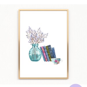 Printable Lavender Colored Plant Books and Tea Cup Wall Art, Book Art Print, Botanical Wall Decor, Home office Decor, DIGITAL DOWNLOAD