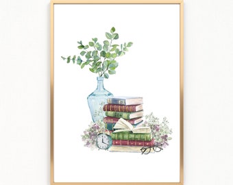 Druckbare Vintage Buch Stapeln und Pflanzen Wand Kunst, Aquarell Grün und Bücher Kunstdruck, Haus Büro Wand Dekor, Instant Download
