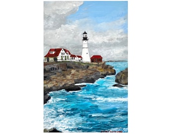 Portland Head Light Original Acrylic Painting Lighthouse Artwork Seascape Decor Ocean Painting Small Painting 5.5 x 8.5 inches