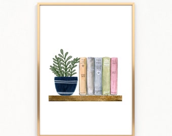 Pflanzen und Bücher im Regal druckbare Wandkunst, Aquarell Pflanzen und Bücher Kunstdruck, Haus Büro Wanddekoration, digitaler Download