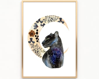 Celestial Black Panther druckbare Poster, druckbare Tierwandkunst, Mond und schwarzer Panther Kunstdruck, Instant Download-Wanddekor