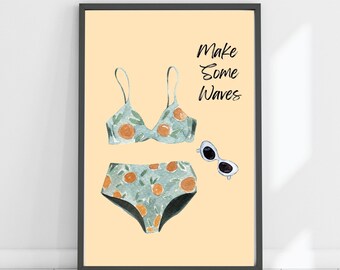 Retro Bikini druckbare Wandkunst, Vintage Badeanzug Poster, Make Some Waves Zitat Print, Lake House Decor, Strand Wandkunst, DIGITAL DOWNLOAD