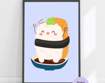 Glückliches Sushi Cartoon Druckbare Wandkunst, Sushi Poster, Kawaii Sushi Kunstdruck, Essen Kunst, Küche Wanddekor, Instant Download
