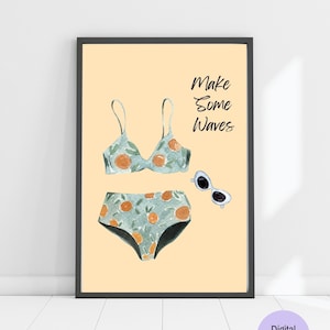 Retro Bikini Printable Wall Art, Vintage Swimsuit Poster, Make Some Waves Quote Print, Lake House Decor, Beach Wall Art, DIGITAL DOWNLOAD
