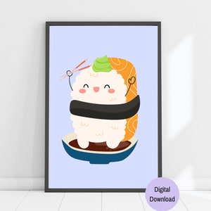 Happy Sushi Cartoon Printable Wall Art, Sushi Poster, Kawaii Sushi Art Print, Food Art, Kitchen Wall Decor, Instant Download