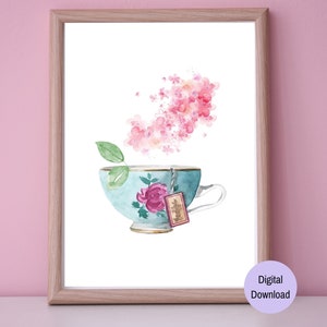 Tea Cup Printable Wall Art, Cup of Tea Art Print, Kitchen Wall Decor, Tea Time Poster, Instant Download