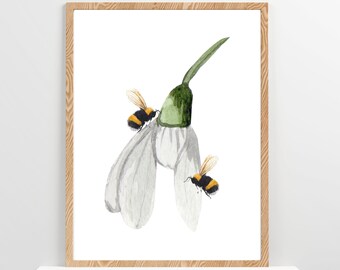 Blumen und Bienen Art Print Frühling Dekor Hummel Aquarell Kunst Blumen Wandkunst Botanische Wandkunst Cottagecore Dekor Blumenwandkunst