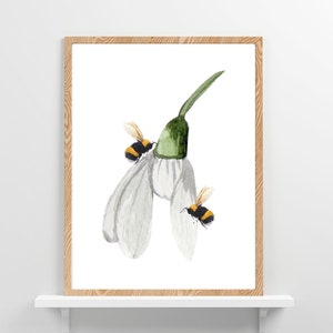 Flower and Bees Art Print Spring Decor Bumble Bee Watercolor Art Flower Wall Art Botanical Wall Art Cottagecore Decor Floral Wall Art