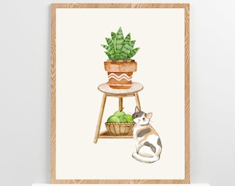 Katze Kunstdruck Aquarell Katze und Pflanze Wand Kunst Einweihungsgeschenk Minimalistisches Dekor Geschenk für Katzenliebhaber Cottagecore Dekor Katzenmama Poster