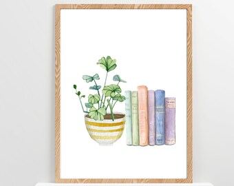 Buch Kunst Druck Aquarell Buch und Pflanze Wand Kunst Wohnung Dekor Wohndeko Moderne Housewarming Geschenk Botanische Wand Kunst Bücherwurm Poster