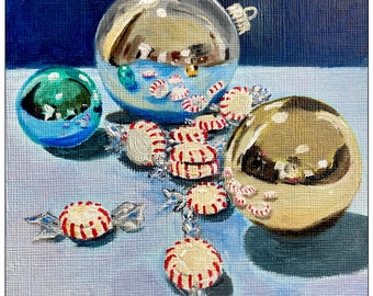 Christmas Tree Ornaments and Peppermints Acrylic Painting Bauble Holiday Decor Xmas Still Life Wall Art Original Small Painting 5 x 5 inches