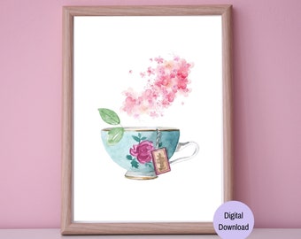 Tea Cup Printable Wall Art, Cup of Tea Art Print, Kitchen Wall Decor, Tea Time Poster, Instant Download