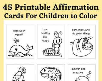 45 Ausdruckbare Affirmationskarten zum Ausmalen für Kinder, Motivationskarten für Kinder, Kinder Affirmationskarten, Ermutigungskarten, Digital