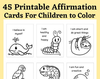 45 druckbare Affirmationskarten zum Ausmalen für Kinder, Motivationskarten für Kinder, Affirmationskarten für Kinder, Ermutigungskarten, digital