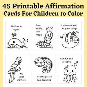 45 druckbare Affirmationskarten zum Ausmalen für Kinder, Motivationskarten für Kinder, Affirmationskarten für Kinder, Ermutigungskarten, digital