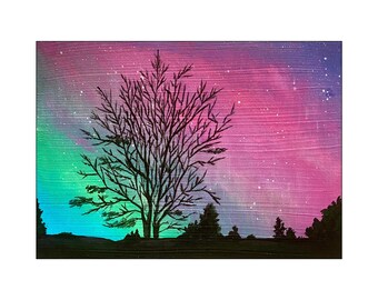 Northern Lights Acrylic Painting Original Artwork Aurora Borealis Painting Tree Landscape Wall Art Colorful Bedroom Decor 5 x 7 inches