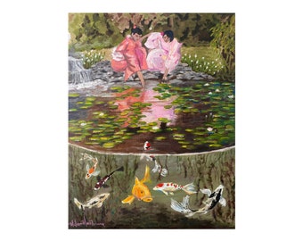 Japanese Garden Original Acrylic Painting Landscape Fine Art Koi Fish Pond Painting Lily Pond Wall Decor 14 x 18 inches