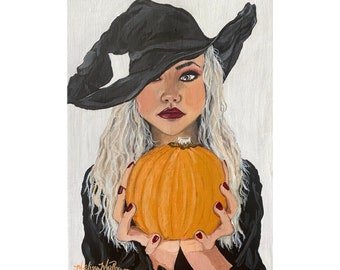 Autumn Witch Painting Original Acrylic Painting Halloween Artwork Spooky Season Decor Witch Art 9 x 12 inches