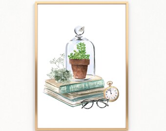 Glockenglas-Pflanzen und Bücher druckbare Wandkunst, Vintage-Buchkunst, Haus-Bürodekor, Bibliothek-Wanddekor, digitaler Download Kunstdruck