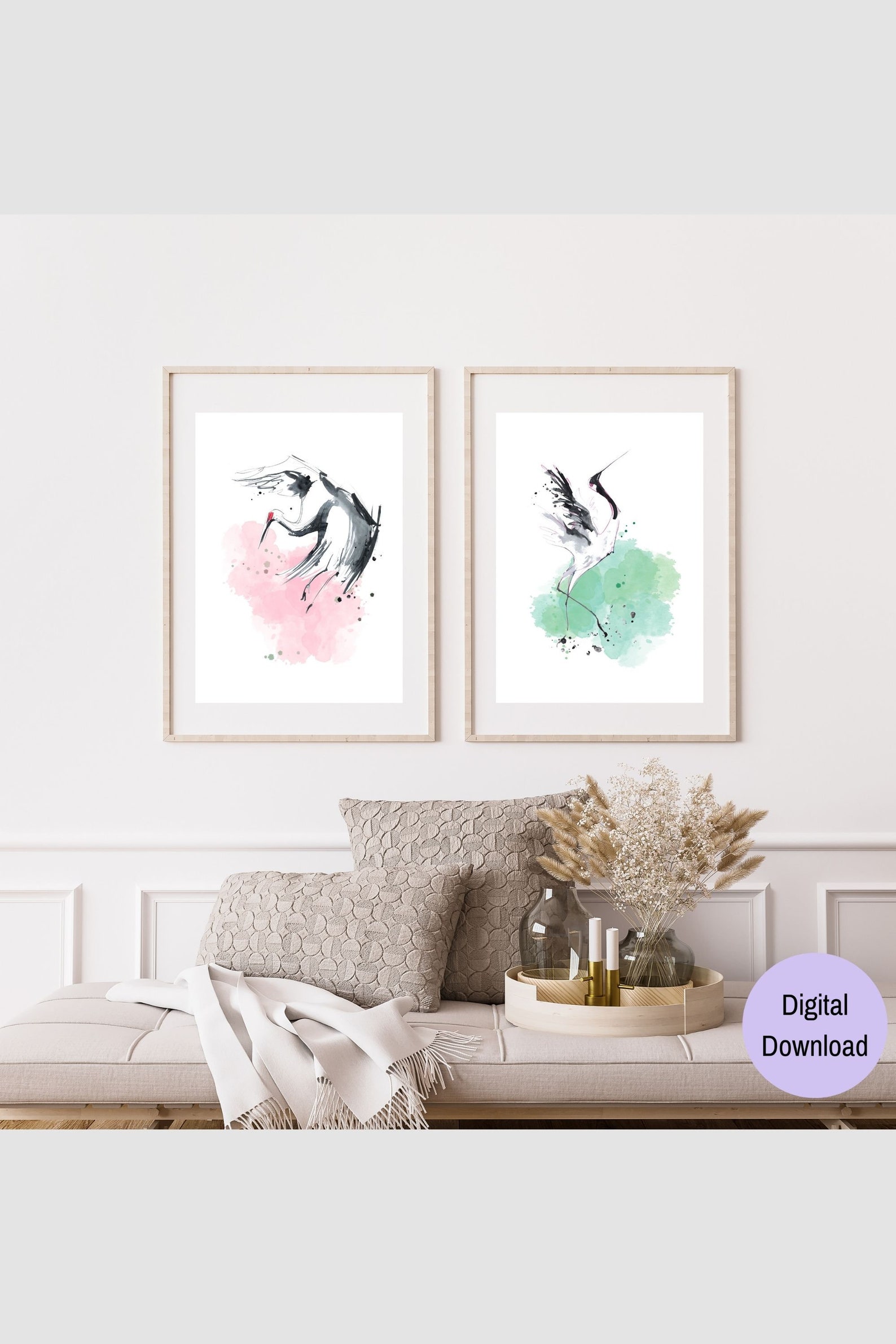 Watercolor Chinese Cranes Printable Wall Art Set of 2, Dancing Pair of