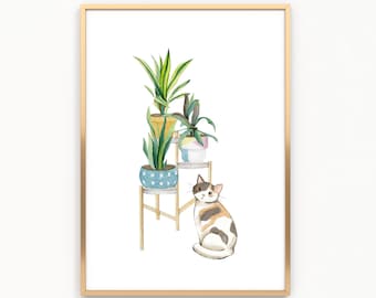 Aquarell Hauspflanzen und Katze Wandkunst zum ausdrucken, Katze Kunstdruck, botanisches Poster, digitaler Download