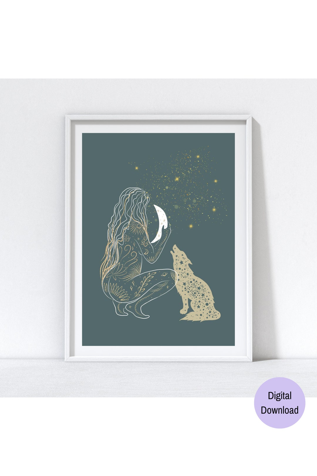 Moon Goddess Art Print Celestial Moon Woman Wall Art Wolf Spirit Animal ...