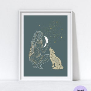 Moon Goddess Art Print Celestial Moon Woman Wall Art Wolf Spirit Animal Moon Poster Witchy Art Print Boho Wall Art Instant Download