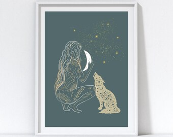 Mond Göttin Kunstdruck himmlischen Mond Frau Wand Kunst Wolf Spirit Tier Mond Poster Witchy Kunstdruck Boho Wand Kunst Instant Download
