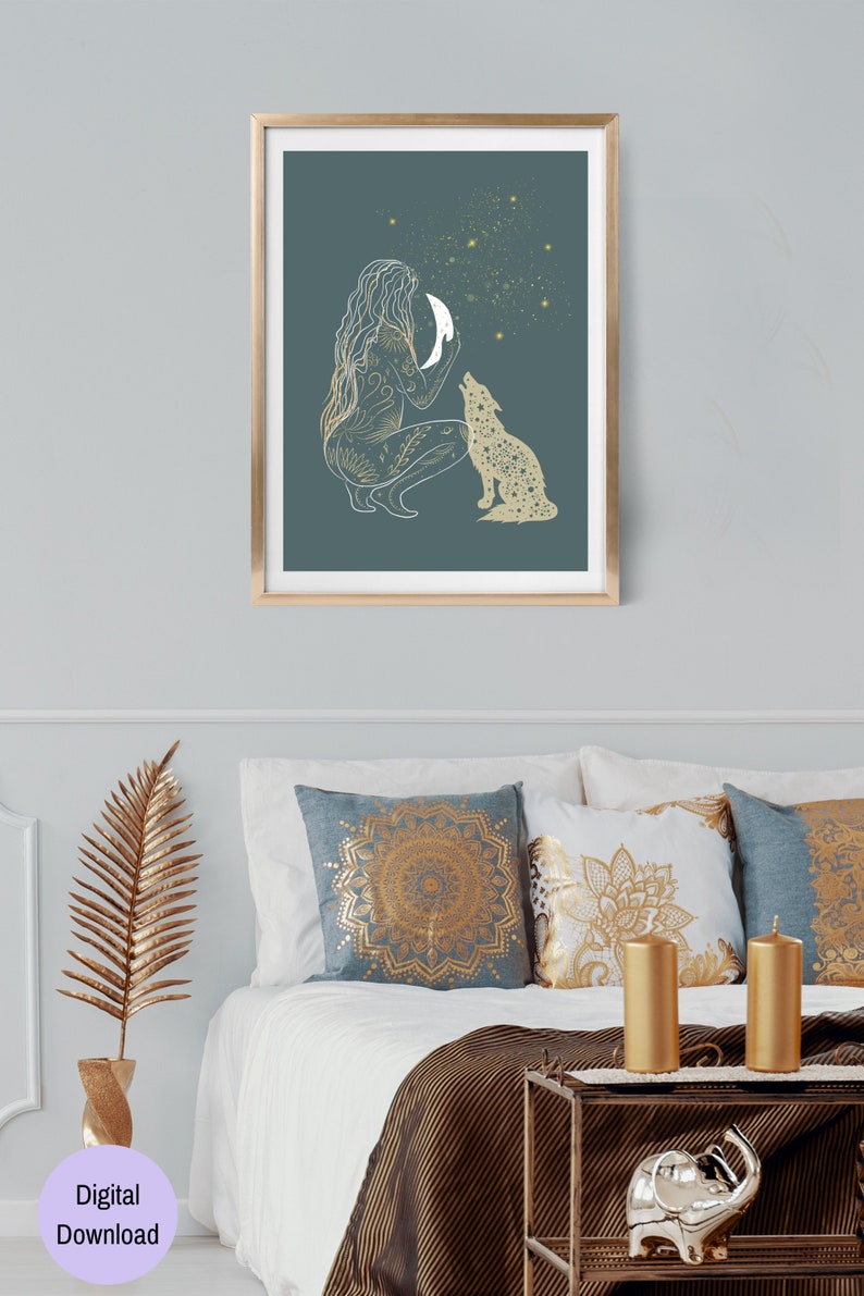 Moon Goddess Art Print Celestial Moon Woman Wall Art Wolf Spirit Animal ...