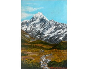 Mount Cook New Zealand Original Acrylic Painting Aoraki Mountain Artwork Landscape Painting Nature Decor Small Painting 4 x 6 inches