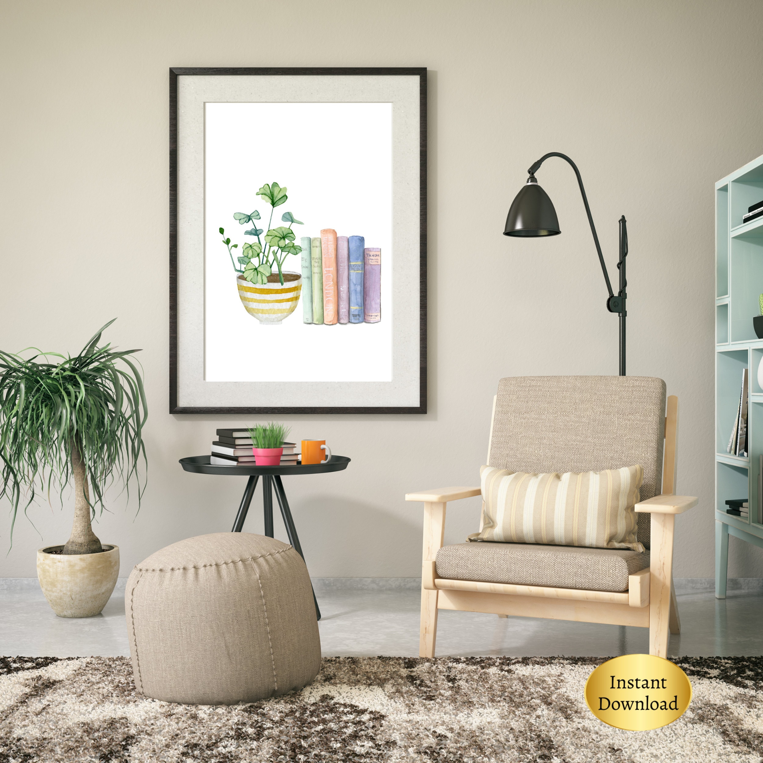 Book Art Print Watercolor Book and Plant Wall Art Apartment Decor Home ...