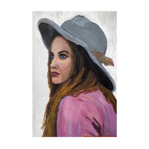 Painting of Woman in Hat Modern Woman Art Female Portrait Original Acrylic Painting Portrait Wall Art Home Decor Small Painting 4 x 6 in