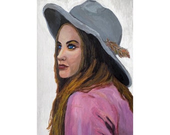 Painting of Woman in Hat Modern Woman Art Female Portrait Original Acrylic Painting Portrait Wall Art Home Decor Small Painting 4 x 6 in